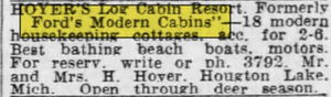 Hoyers Resort (Fords Modern Cabins, Shangri-La Log Cabin Resort, Bentons) - May 1947 Ad (newer photo)